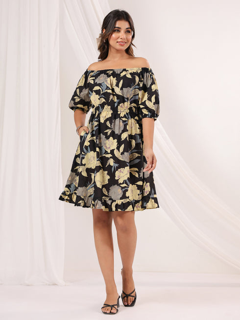 Janasya Women's Black Pure Cotton Floral Printed A-line Dress